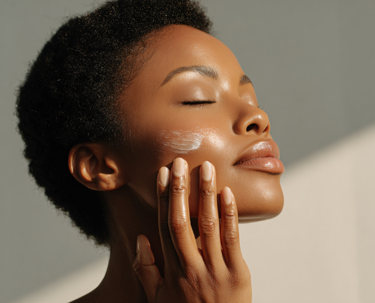 Woman applying lotion to her skin